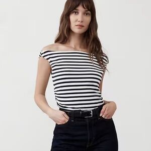 Banana Republic Soft Stretch Shirred-Waist Boat-Neck Top - Navy Stripe
